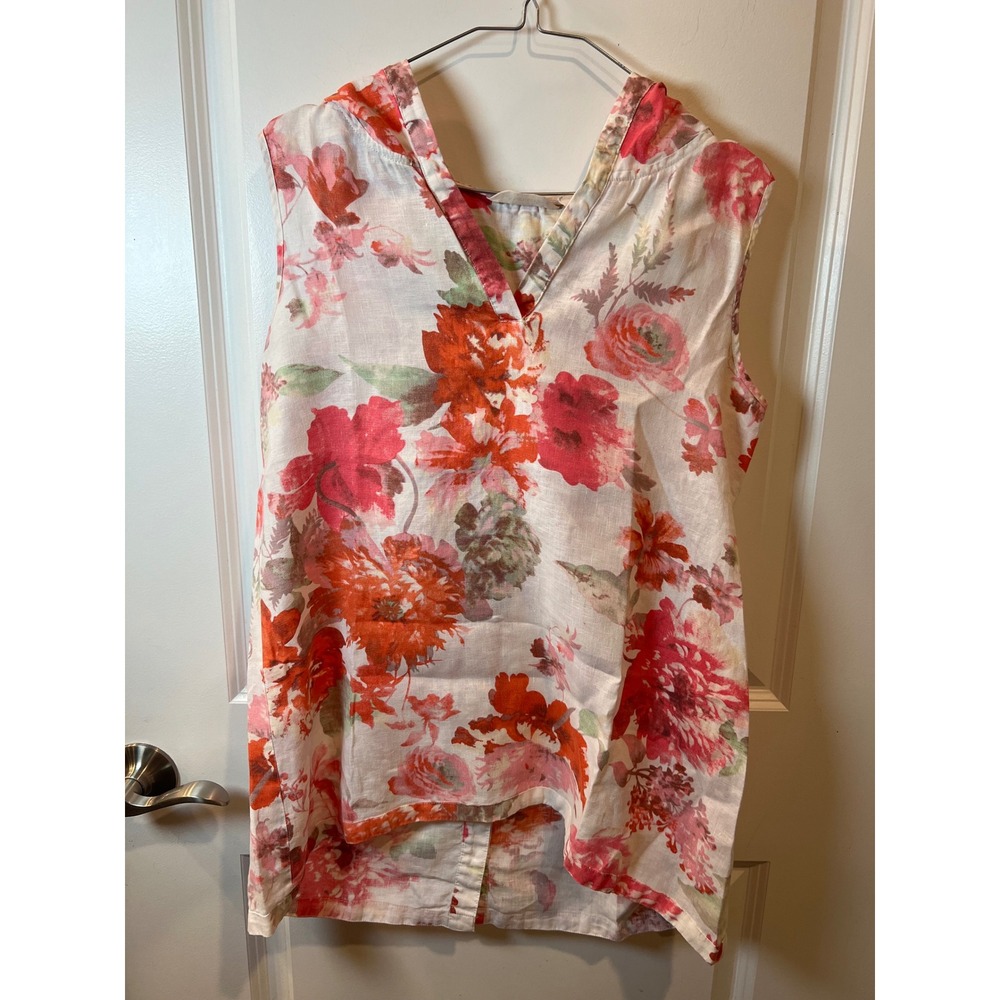 Soft Surroundings Womens Tunic Hooded 100% Linen Floral Red PS